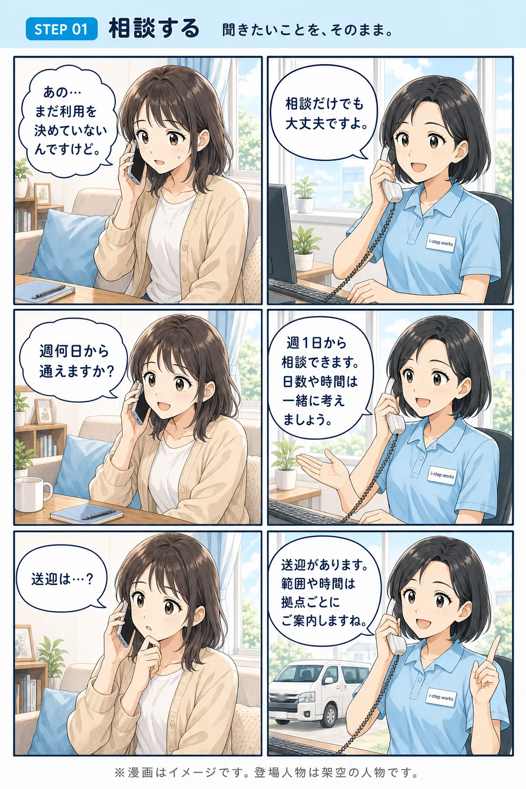 STEP 01 相談する。ハルカ「あの…まだ利用を決めていないんですけど。」スタッフ「相談だけでも大丈夫ですよ。」ハルカ「週何日から通えますか?」スタッフ「週1日から相談できます。日数や時間は一緒に考えましょう。」ハルカ「送迎は…?」スタッフ「送迎があります。範囲や時間は拠点ごとにご案内しますね。」